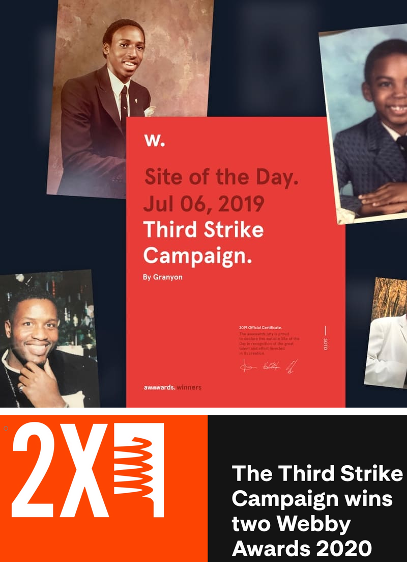 The Third Strike Campaign awards collage featuring family portraits, Awwwards Site of the Day recognition, and two Webby Awards in 2020
